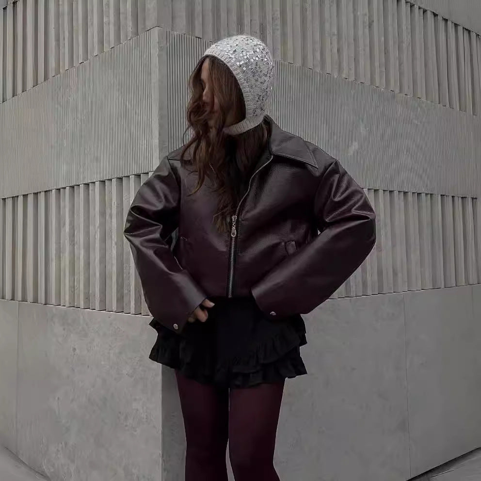 Solid Color Lapel Zipper Jacket Leather Coat 