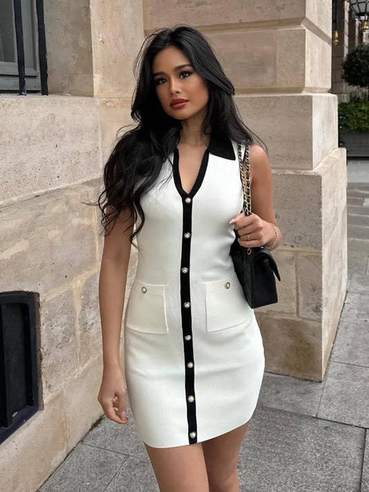 Button-Front Knit Bodycon Mini Dress  Summer Chic Partywear