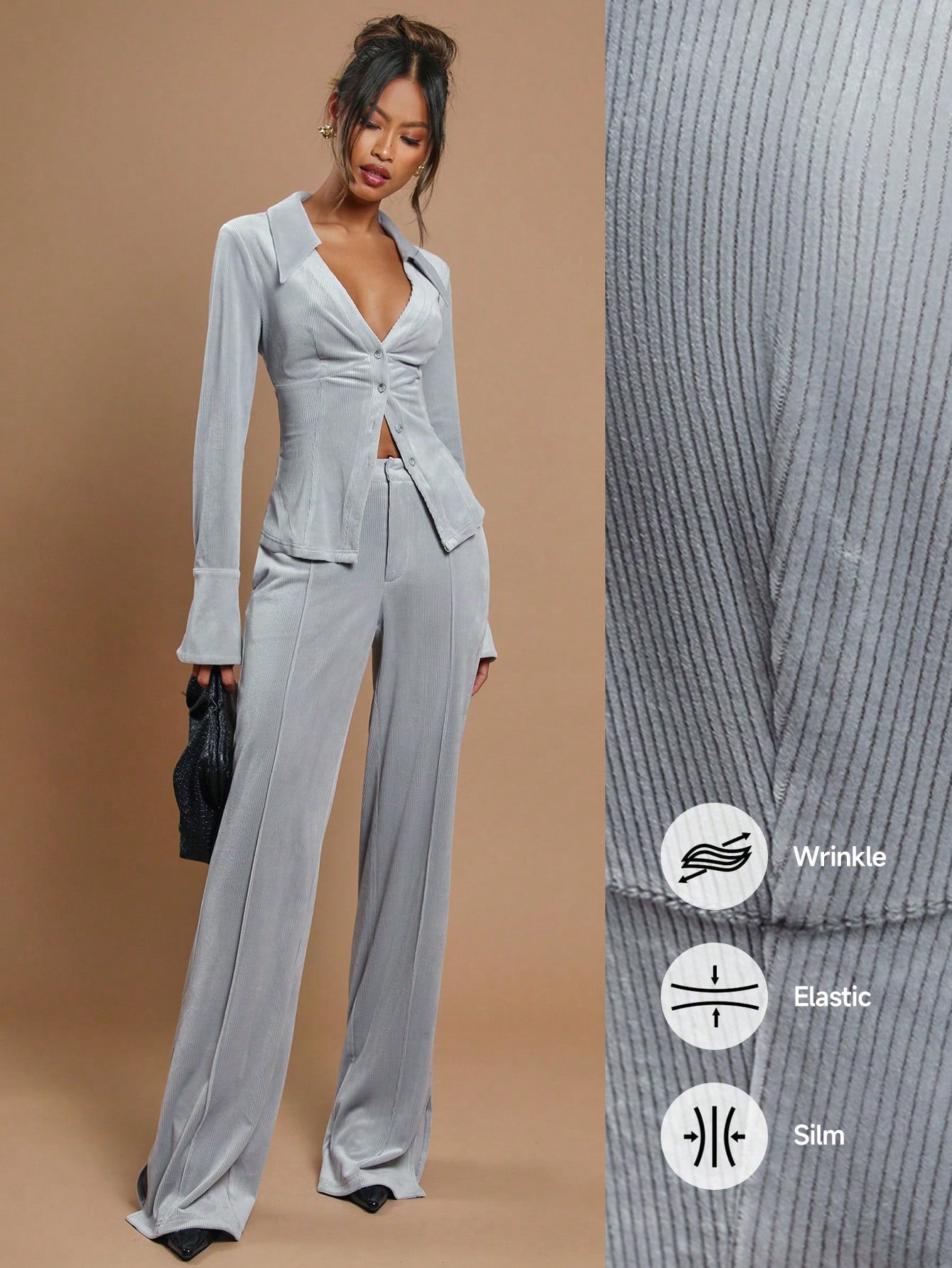 COSMINA 2Pcs Women Plain Front Button up Blouse and Long Pants Set