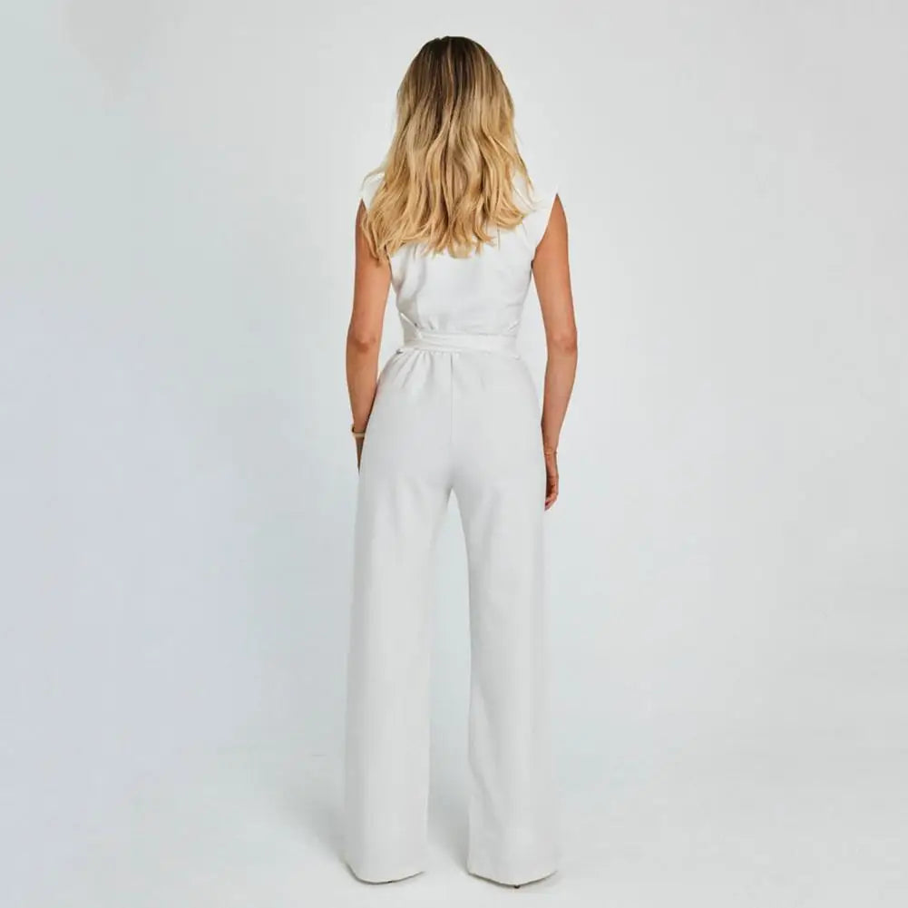 Elegant V-Neck Belted Wide-Leg Jumpsuit Office Chic & Evening Wear