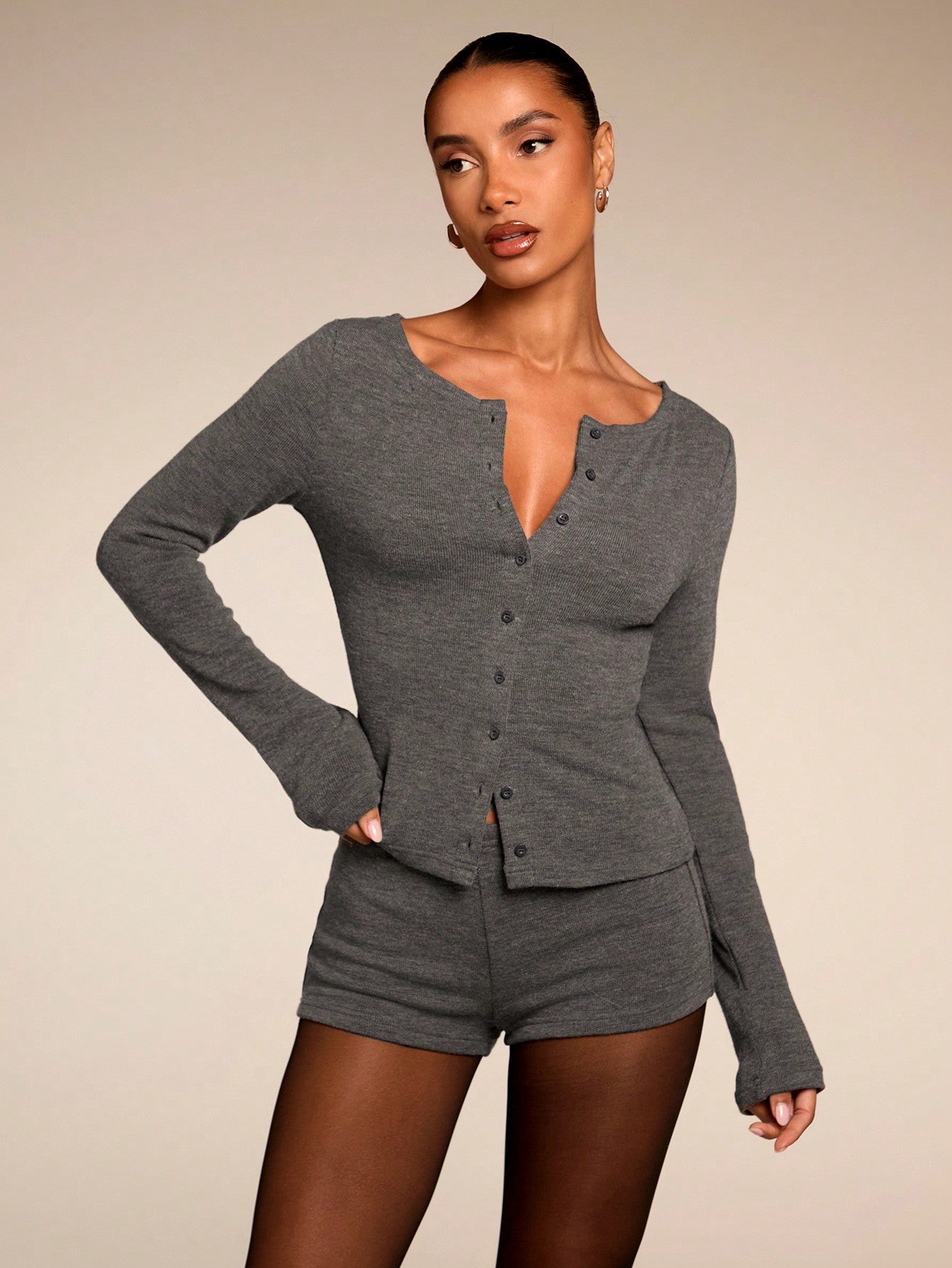 BAE Women Solid Color Long Sleeve Top and Mini Skirt Set