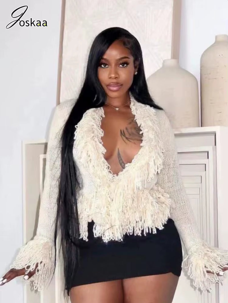 Vintage Fringe Sweater Jackets Women Hipster  Long Sleeve Knit Cardigan