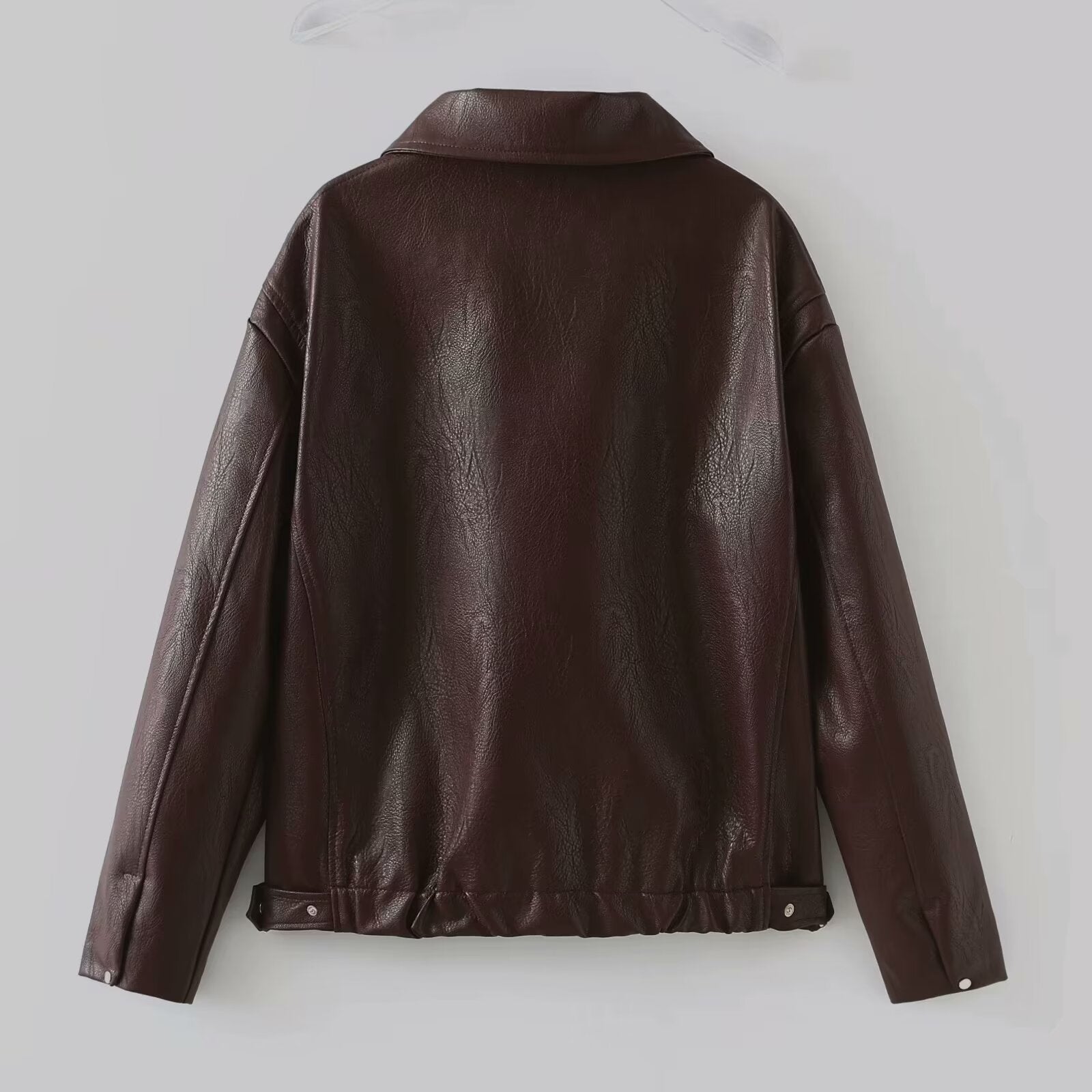 Solid Color Lapel Zipper Jacket Leather Coat 