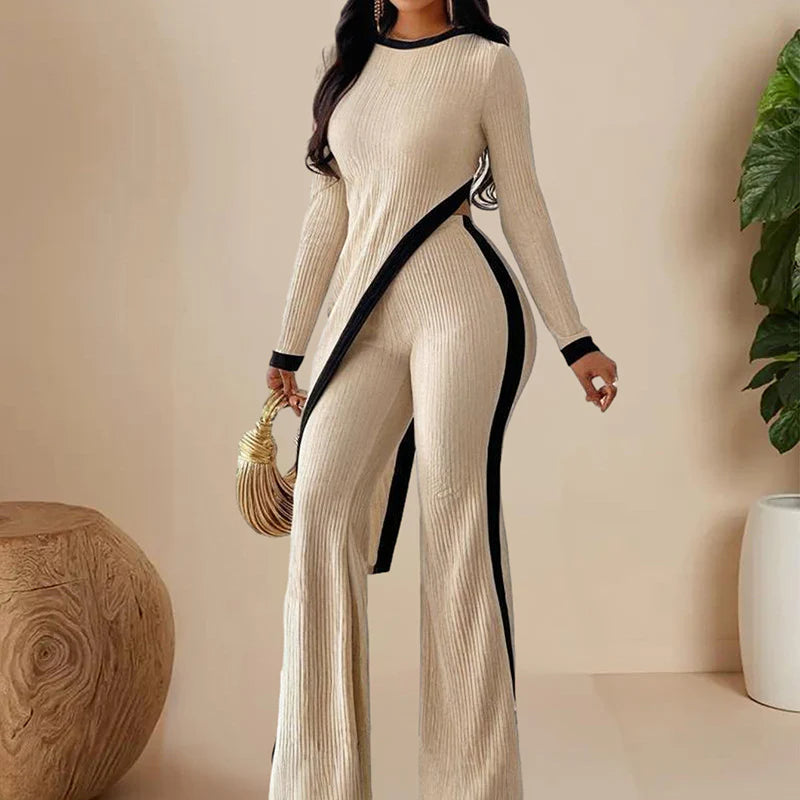 Women Elegant Irregular round Neck Two-Piece Suit Long Sleeve Pants