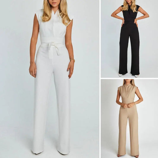 Elegant V-Neck Belted Wide-Leg Jumpsuit Office Chic & Evening Wear
