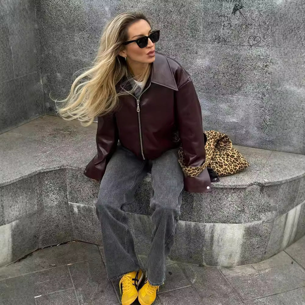 Solid Color Lapel Zipper Jacket Leather Coat 