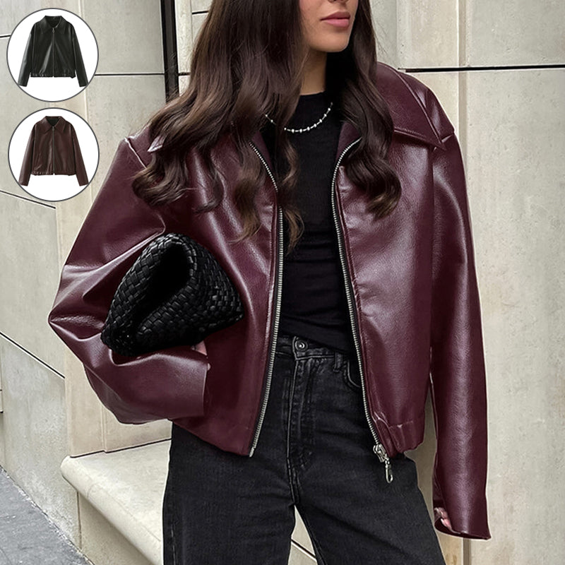 Solid Color Lapel Zipper Jacket Leather Coat 