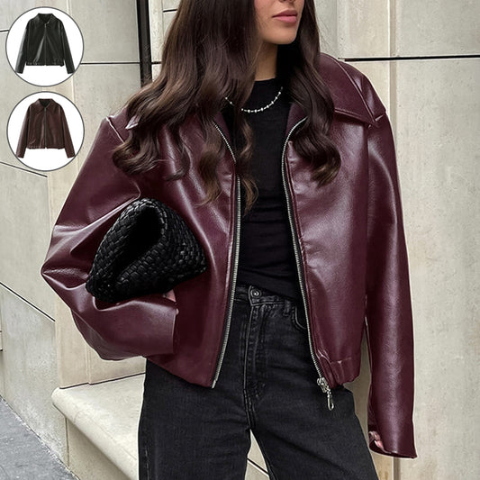 Solid Color Lapel Zipper Jacket Leather Coat 