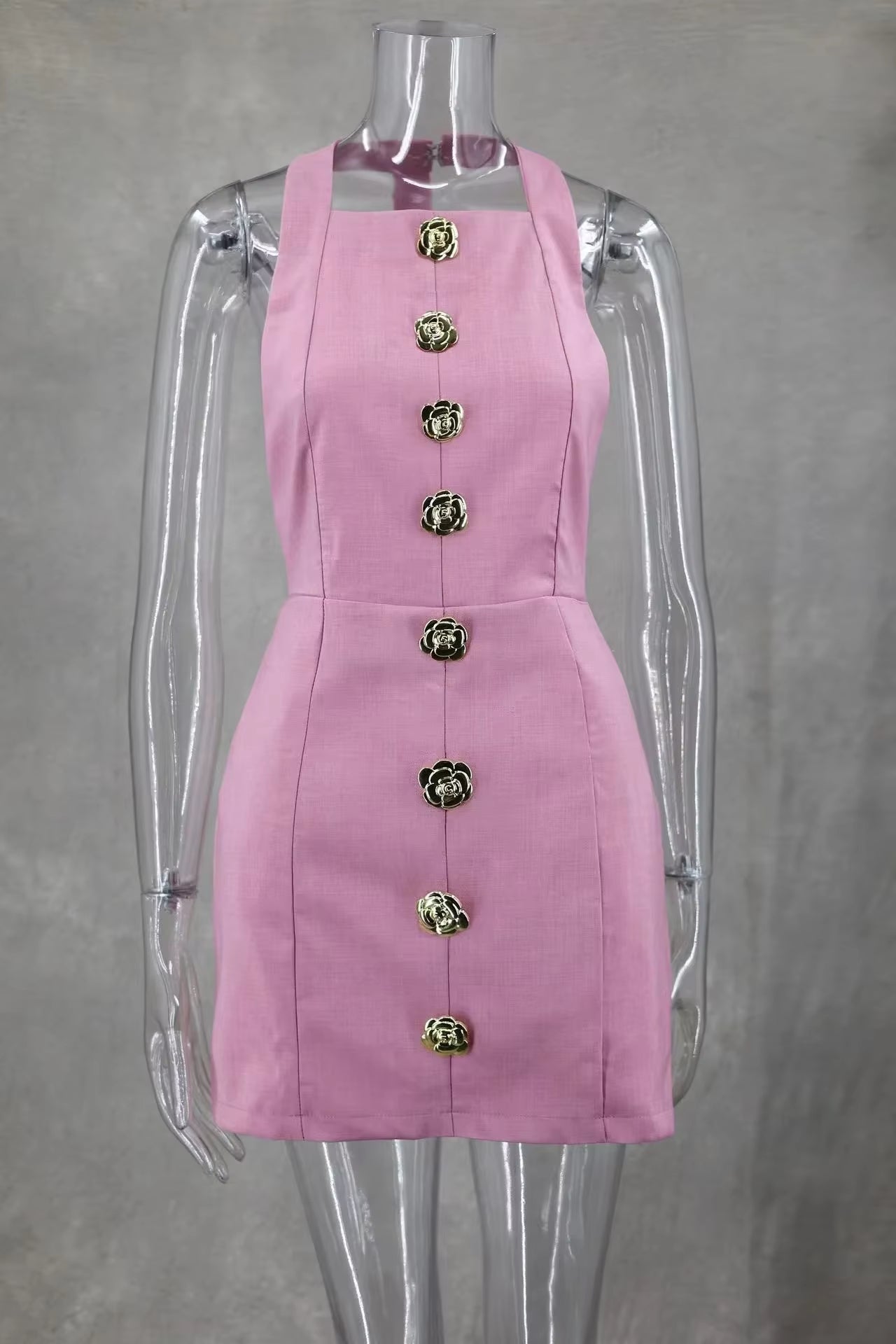 Rose Halter Backless Mini Dress – Elegant Sleeveless Party Wear