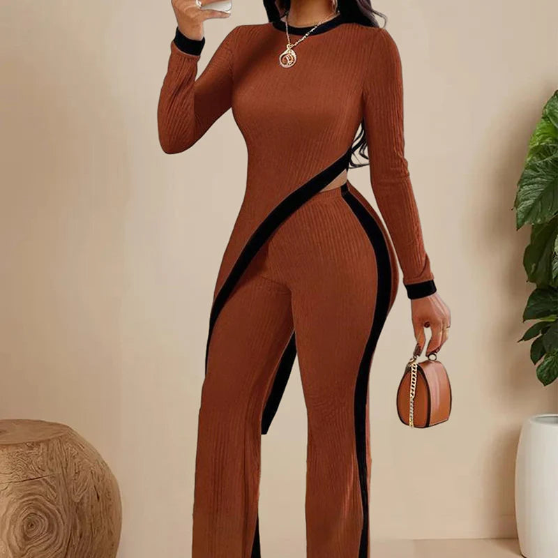 Women Elegant Irregular round Neck Two-Piece Suit Long Sleeve Pants