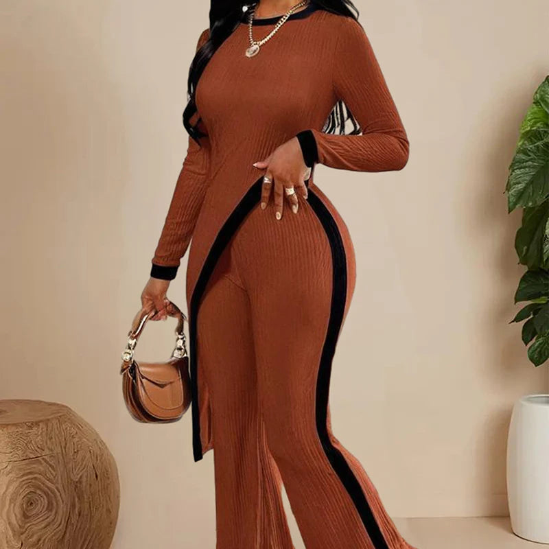 Women Elegant Irregular round Neck Two-Piece Suit Long Sleeve Pants