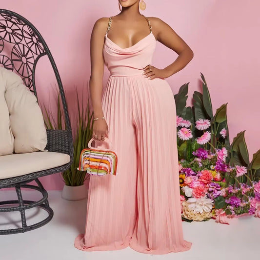 Pleated Wide-Leg Evening Jumpsuit – Sleeveless High-Waist Design
