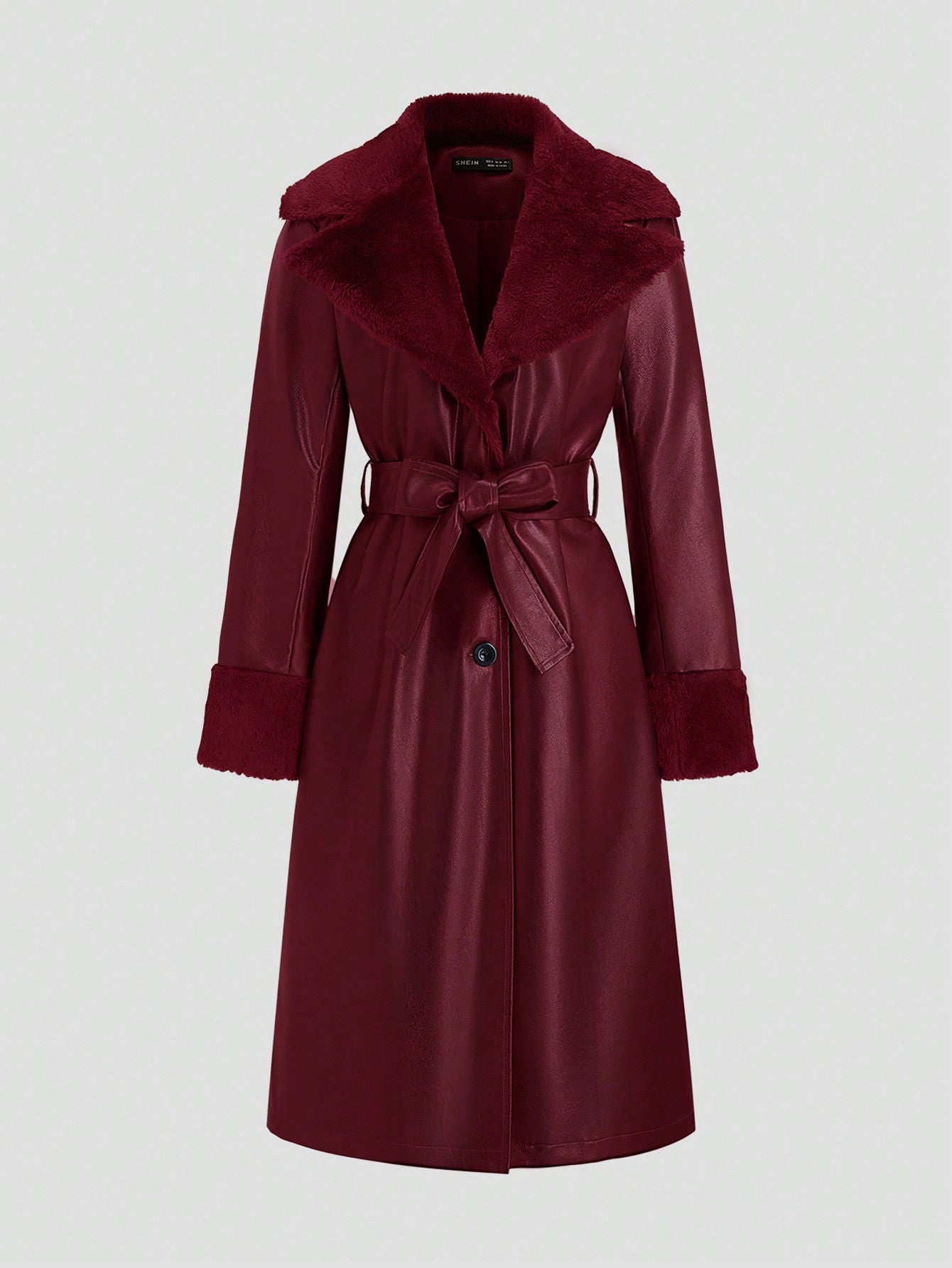 Full-Length Fluffy & PU Leather Trench Coat