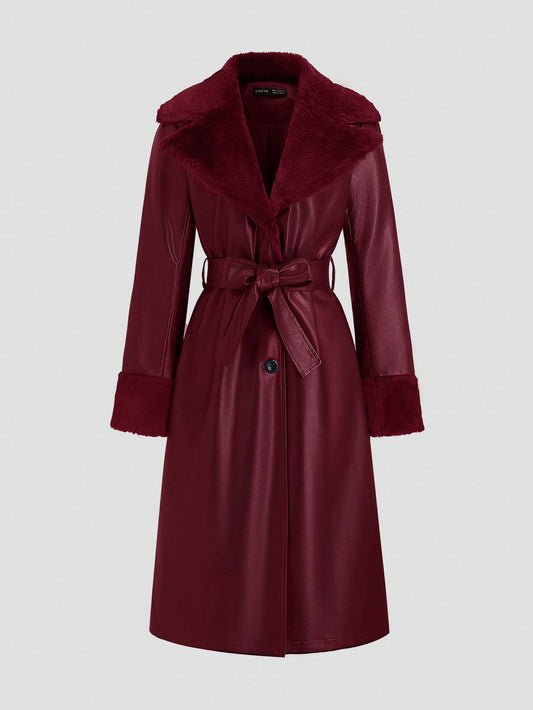 Full-Length Fluffy & PU Leather Trench Coat