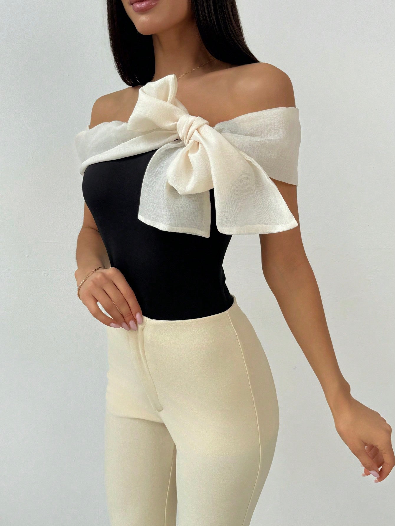 Firerie Black & White Contrast Color Bow Decorated off Shoulder Bodysuit  
