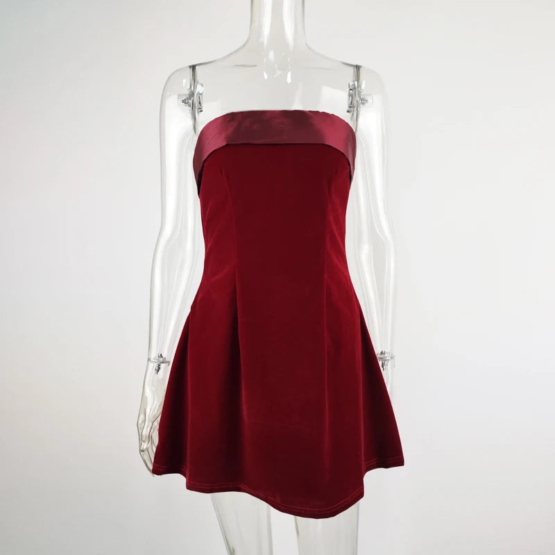 Velvet Strapless Mini Dress – Slash Neck Backless A-Line Evening Wear
