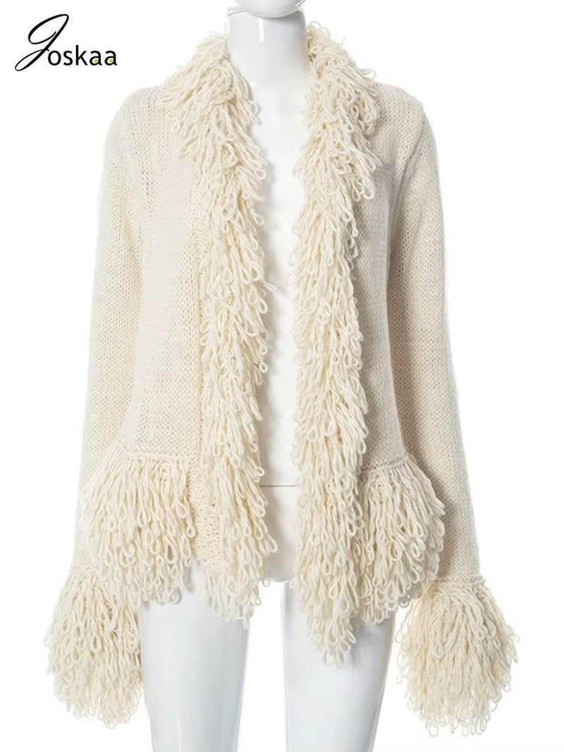 Vintage Fringe Sweater Jackets Women Hipster  Long Sleeve Knit Cardigan