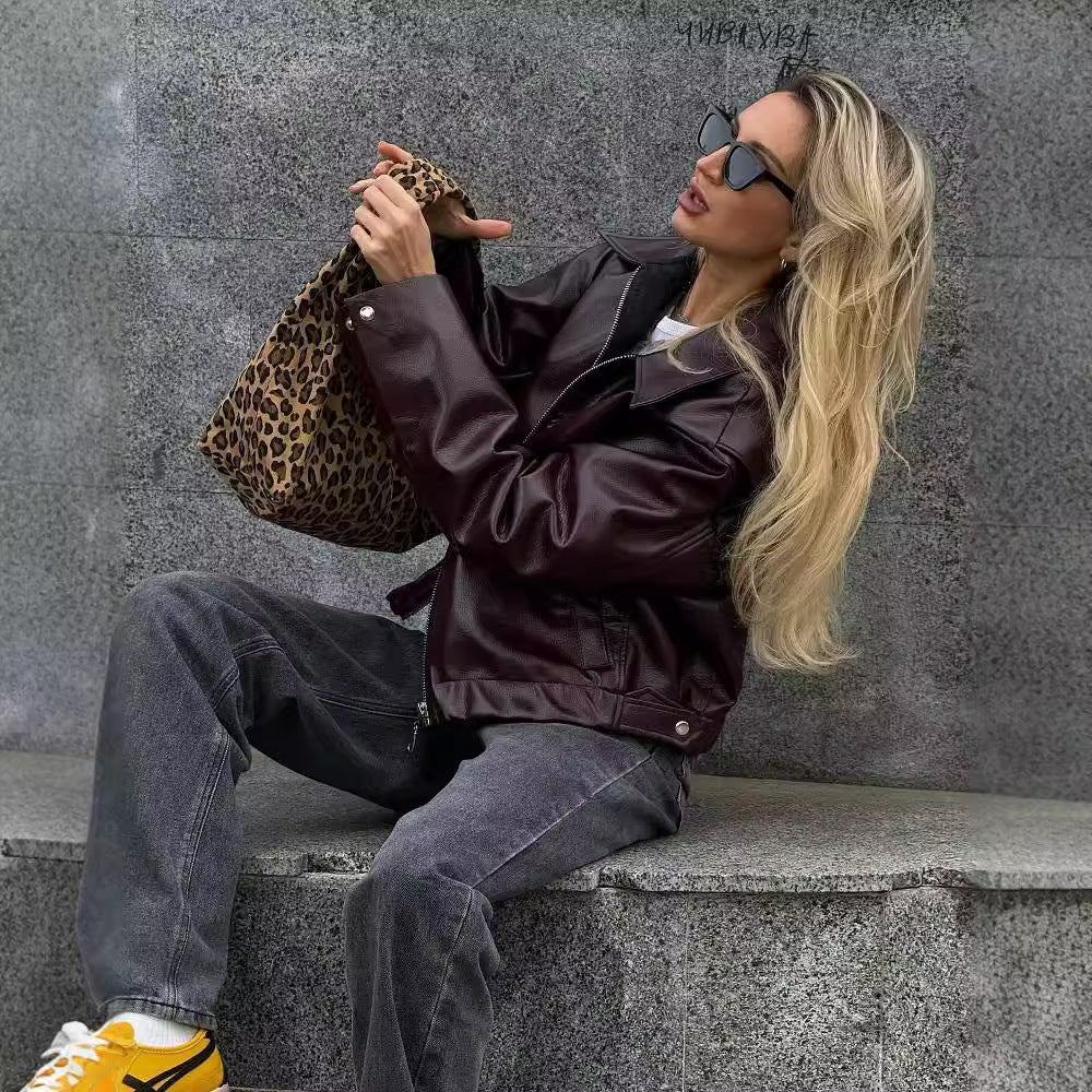 Solid Color Lapel Zipper Jacket Leather Coat 