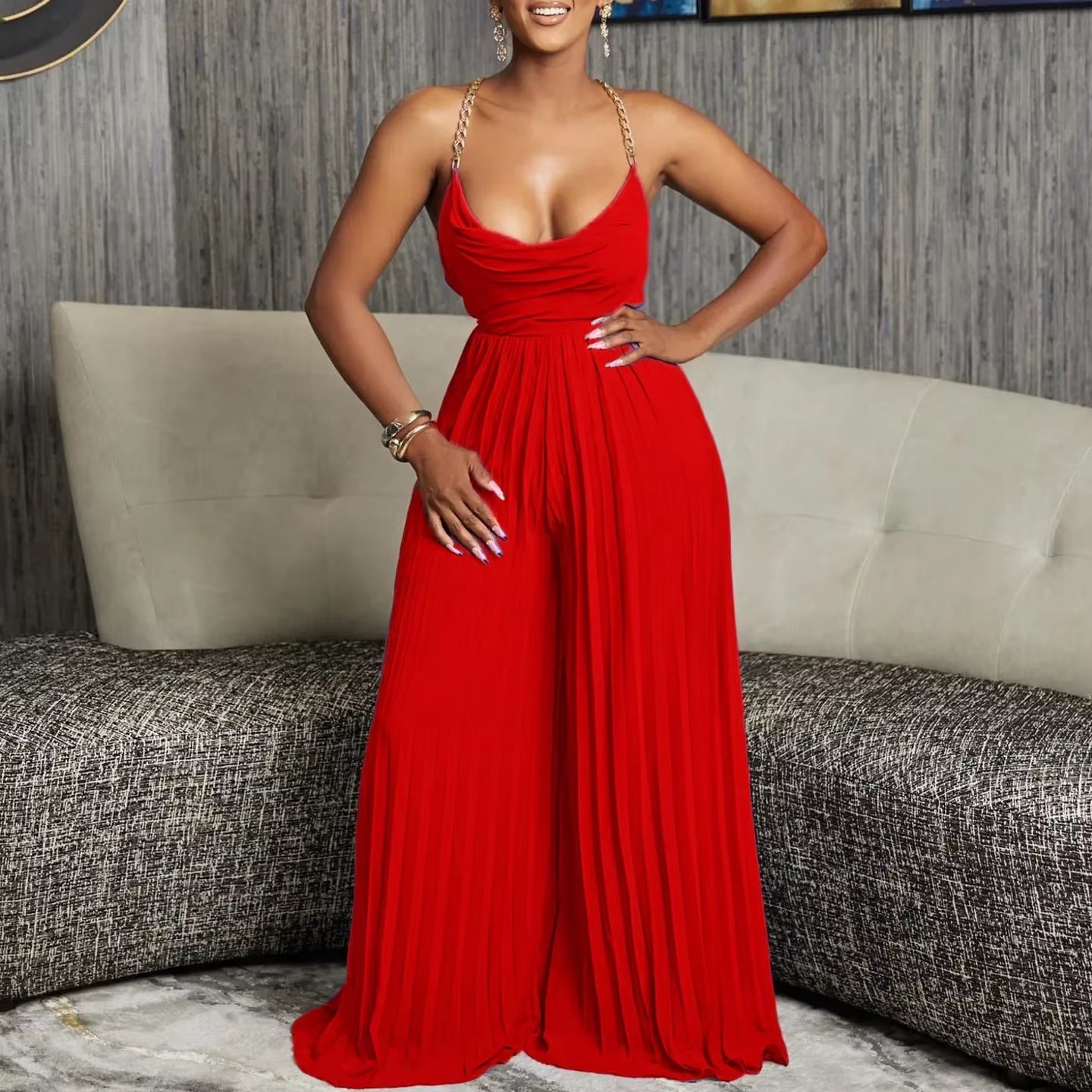 Pleated Wide-Leg Evening Jumpsuit – Sleeveless High-Waist Design