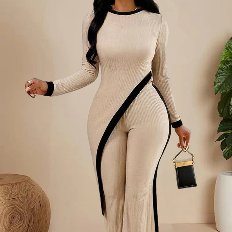 Women Elegant Irregular round Neck Two-Piece Suit Long Sleeve Pants