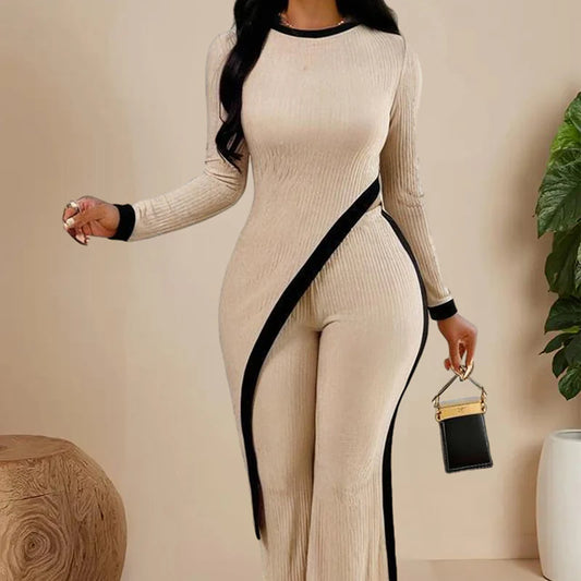 Women Elegant Irregular round Neck Two-Piece Suit Long Sleeve Pants