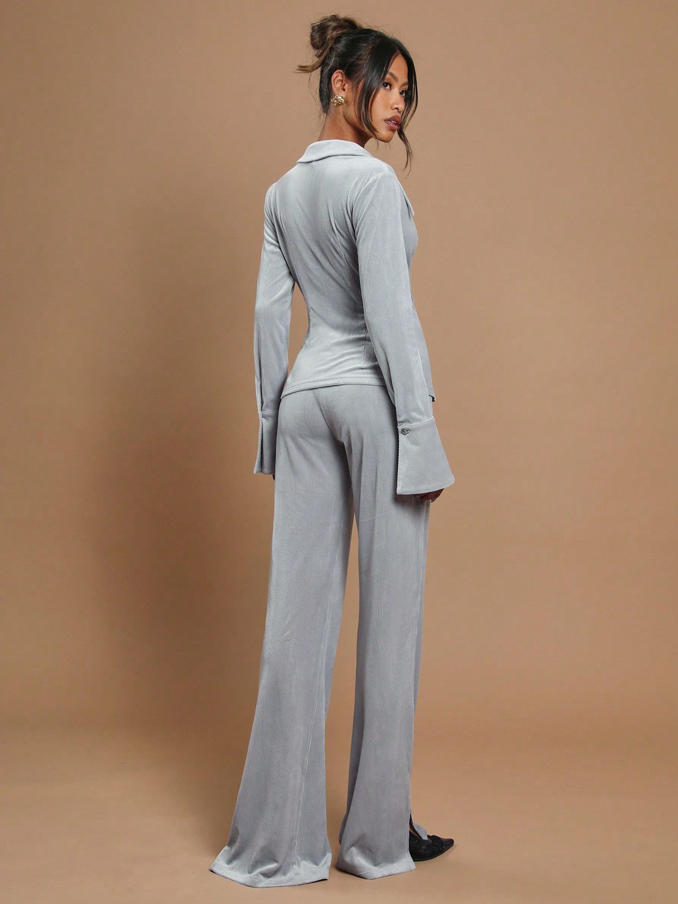 COSMINA 2Pcs Women Plain Front Button up Blouse and Long Pants Set