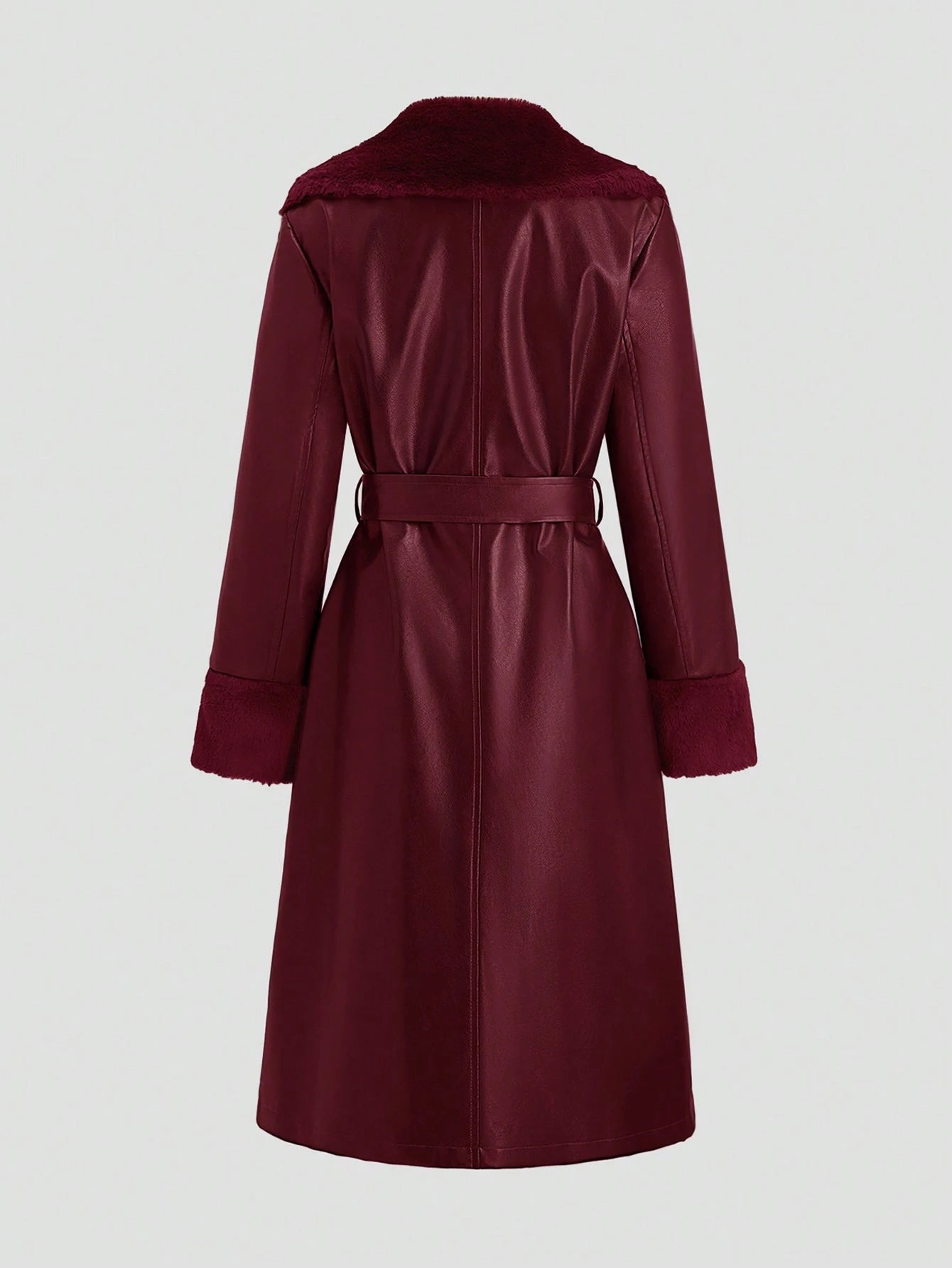 Full-Length Fluffy & PU Leather Trench Coat