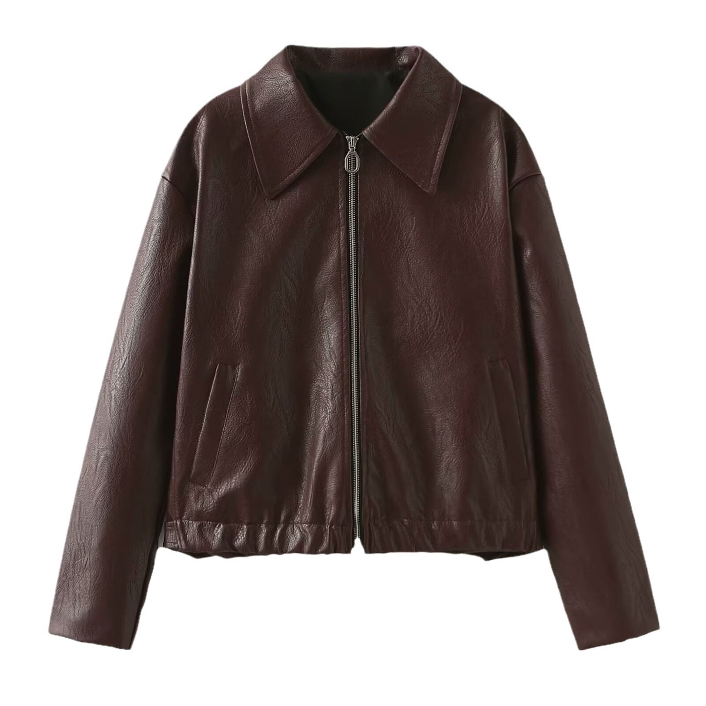 Solid Color Lapel Zipper Jacket Leather Coat 